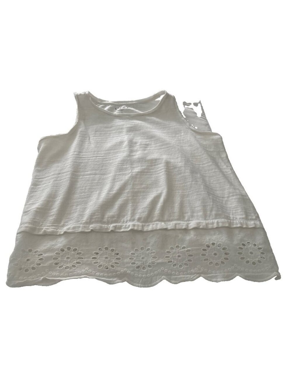 Loft Women’s L White Tank w/ white eyelet floral scalloped pattern-100% Cotton